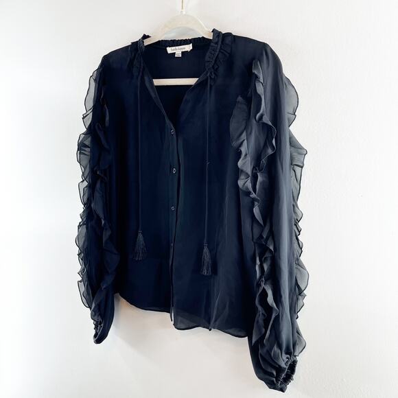 Haute Hippie Ruffled Long Sleeve Button Up Blouse Top Black Small - Picture 6 of 6